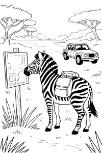 Kolorowanka do druku - Zebra na safari przy mapie (PDF)