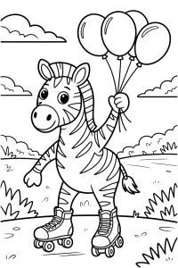 Kolorowanka do druku - Zebra na wrotkach z balonami (PDF)