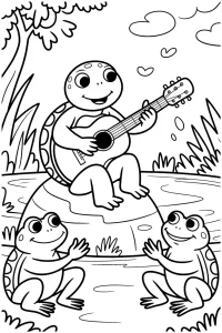 Kolorowanka do druku - Żółw gra na gitarze dla żab (PDF)