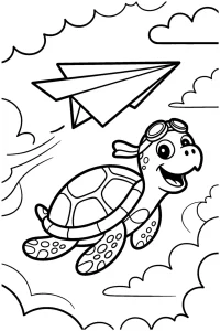 Kolorowanka do druku - Żółw pilot leci z samolotem (PDF)