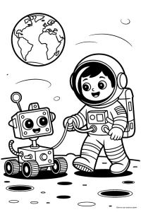 Kolorowanka do druku - Astronauta spaceruje z łazikiem (PDF)