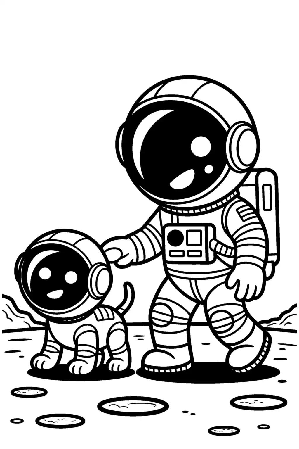 Pobierz PDF astronauta z robotem psem na smyczy darmowa kolorowanka do druku