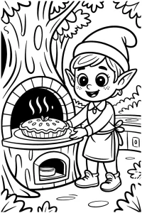 Kolorowanka do druku - Elf piecze ciasto w leśnym piecu (PDF)