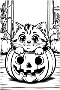 Kolorowanka do druku - Kot chowa się w dyni na Halloween (PDF)