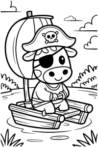 Kolorowanka do druku - Krowa pirat na tratwie (PDF)