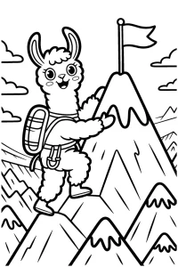 Kolorowanka do druku - Lama alpinistka zdobywa szczyt góry (PDF)