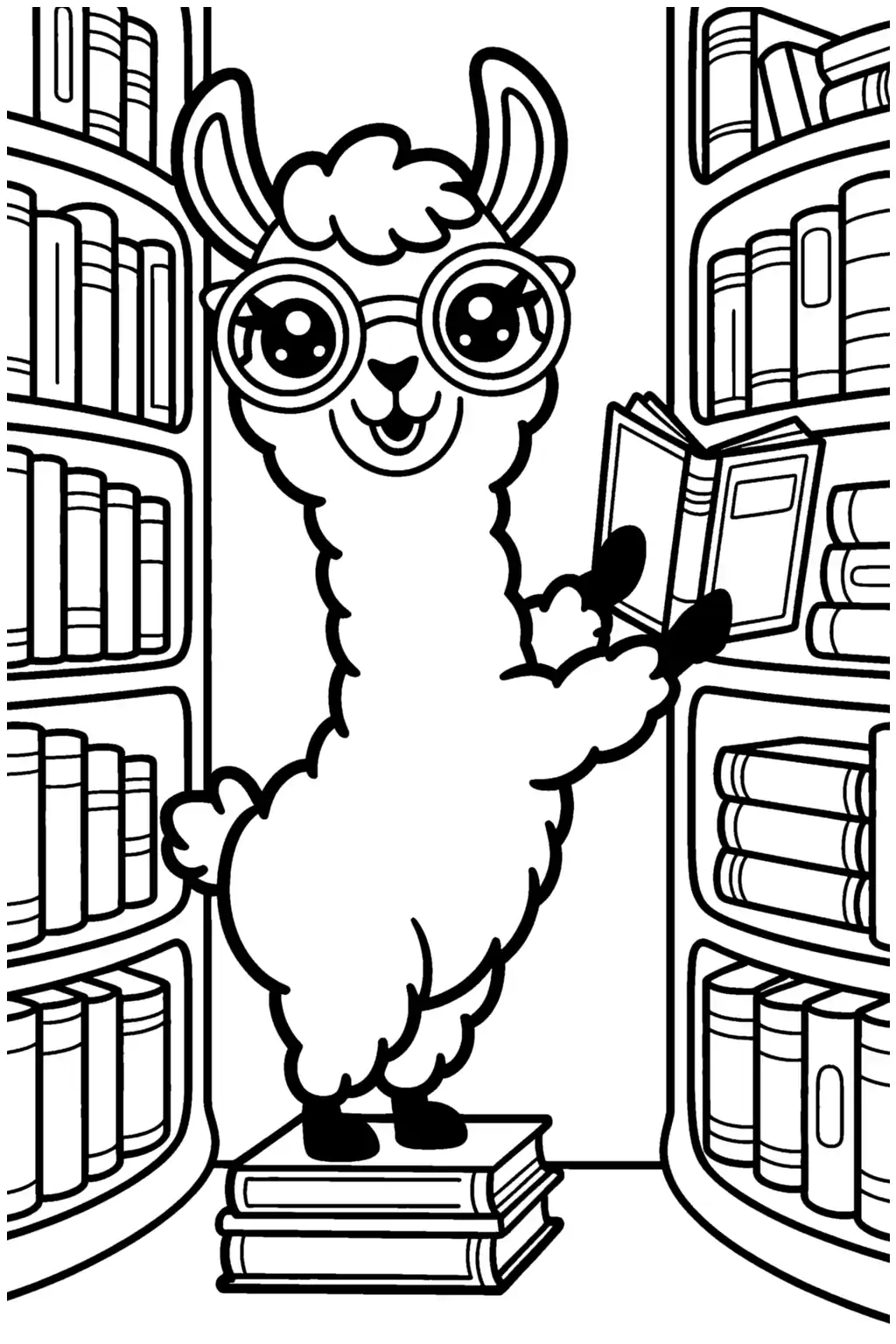 Pobierz PDF lama bibliotekarka w okularach w bibliotece darmowa kolorowanka do druku