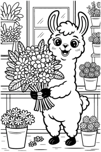 Kolorowanka do druku - Lama florystka w swojej kwiaciarni (PDF)