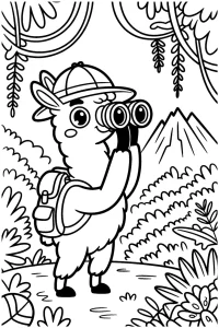 Kolorowanka do druku - Lama odkrywca w dżungli z lornetką (PDF)