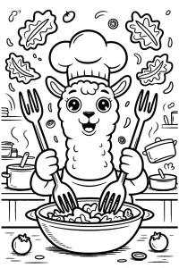 Kolorowanka do druku - Lama szef kuchni miesza sałatkę (PDF)