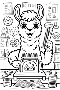 Kolorowanka do druku - Lama wynalazca z grzebieniem i tosterem (PDF)