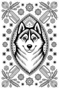 Kolorowanka do druku - Mandala pies husky w śnieżynkach (PDF)