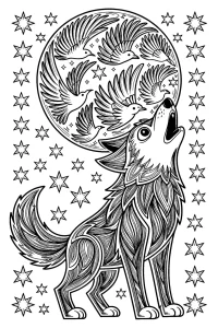 Kolorowanka do druku - Mandala wilk wyjący do księżyca (PDF)