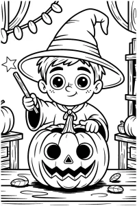 Kolorowanka do druku - Młody czarodziej i dynia na Halloween (PDF)