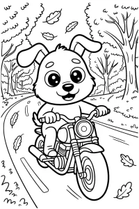 Kolorowanka do druku - Pies motocyklista w jesiennym lesie (PDF)