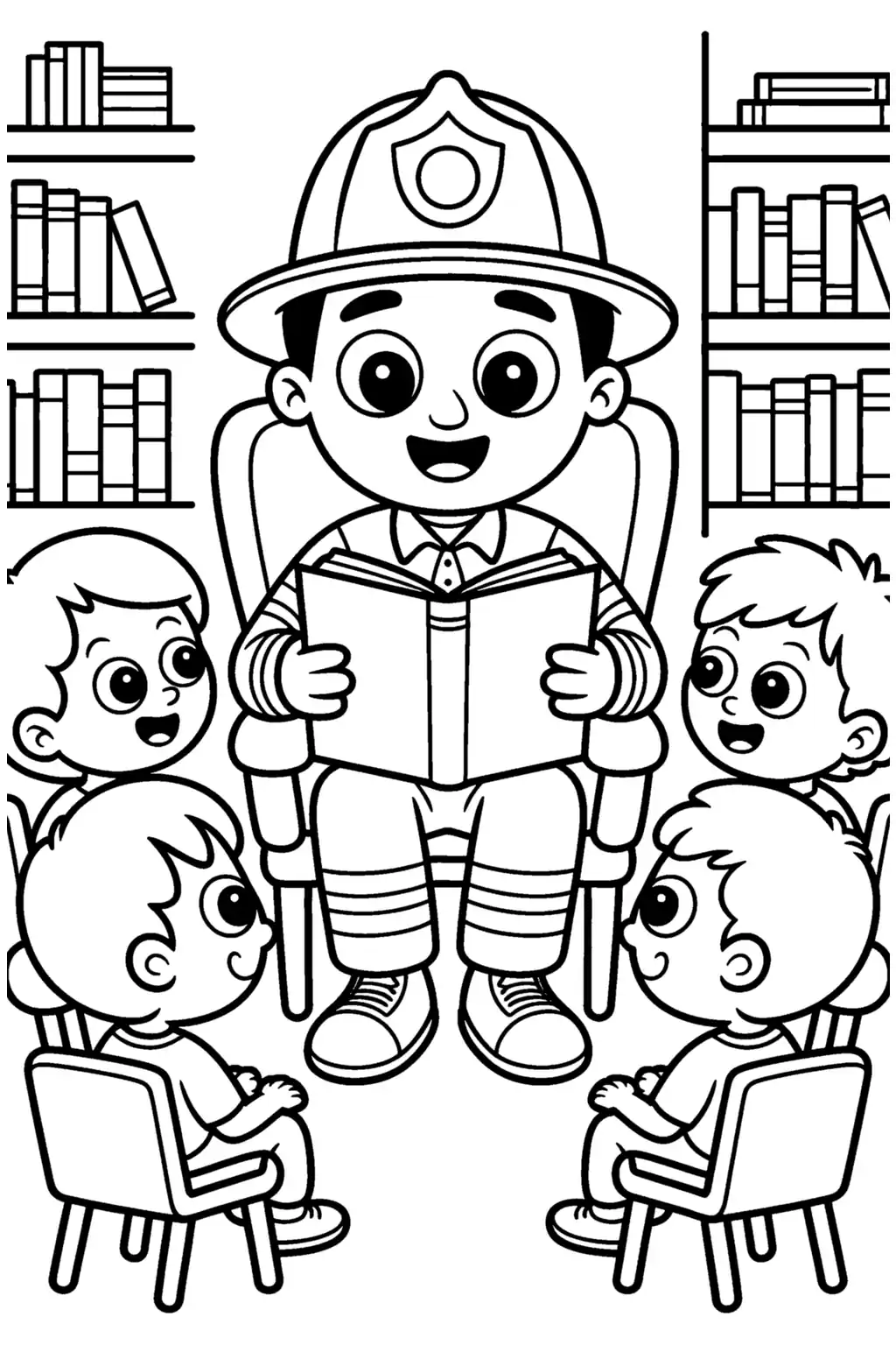 Pobierz PDF strazak czyta dzieciom w bibliotece darmowa kolorowanka do druku