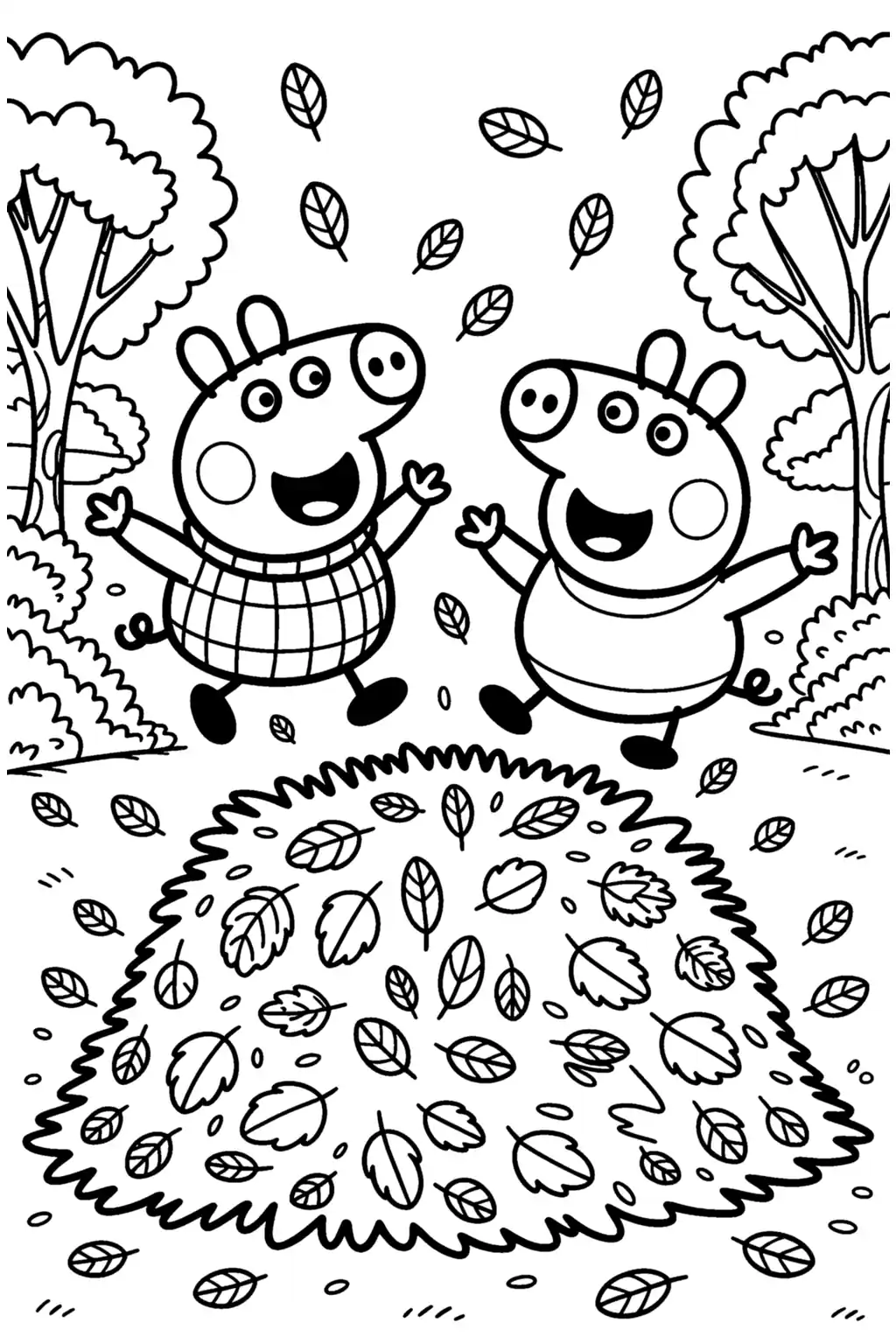Pobierz PDF swinka peppa skacze w lisciach darmowa kolorowanka do druku