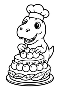 Kolorowanka do druku - T-Rex cukiernik dekoruje tort (PDF)