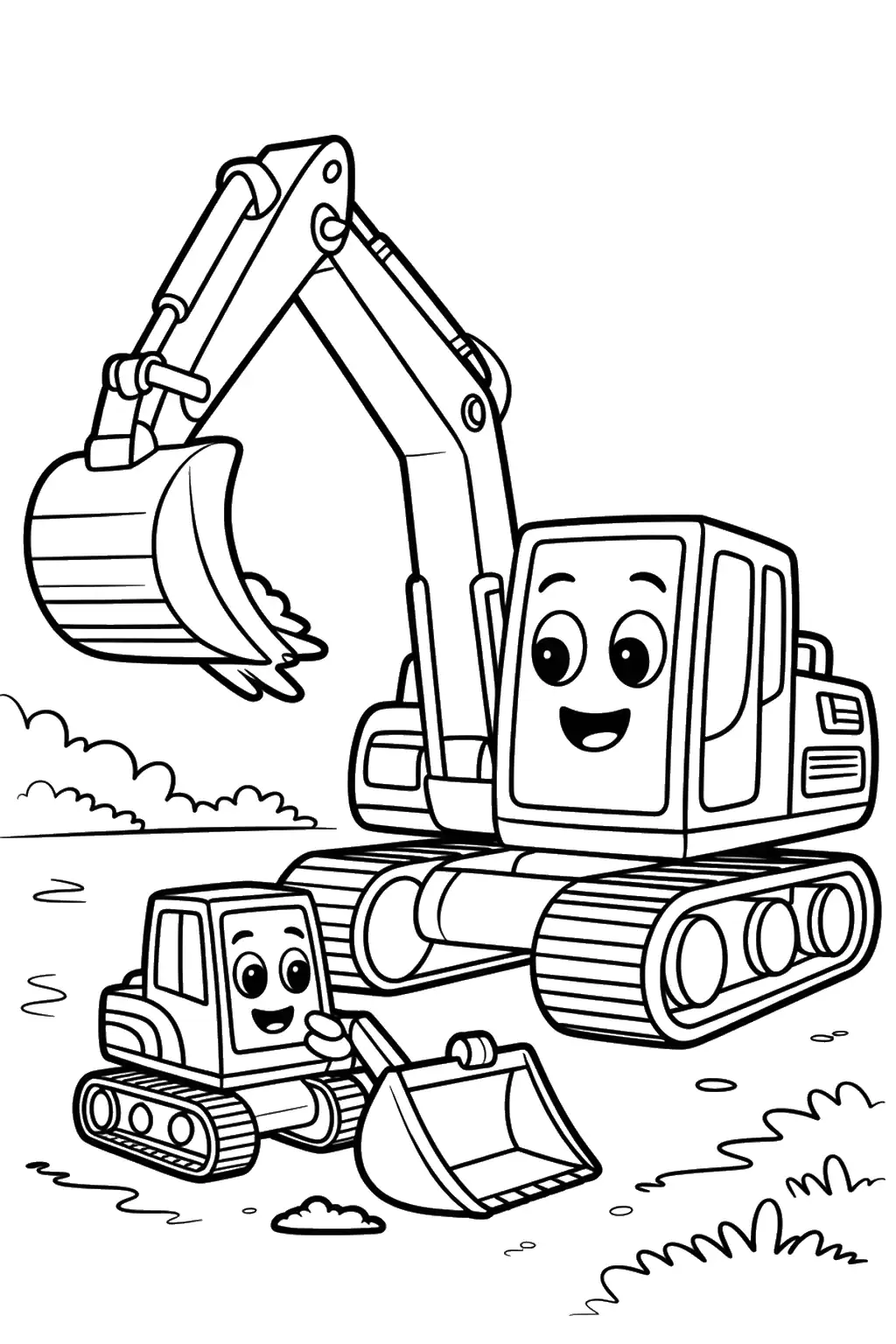 Excavadora y pequeño bulldozer en la obra - Dibujo para colorear para imprimir