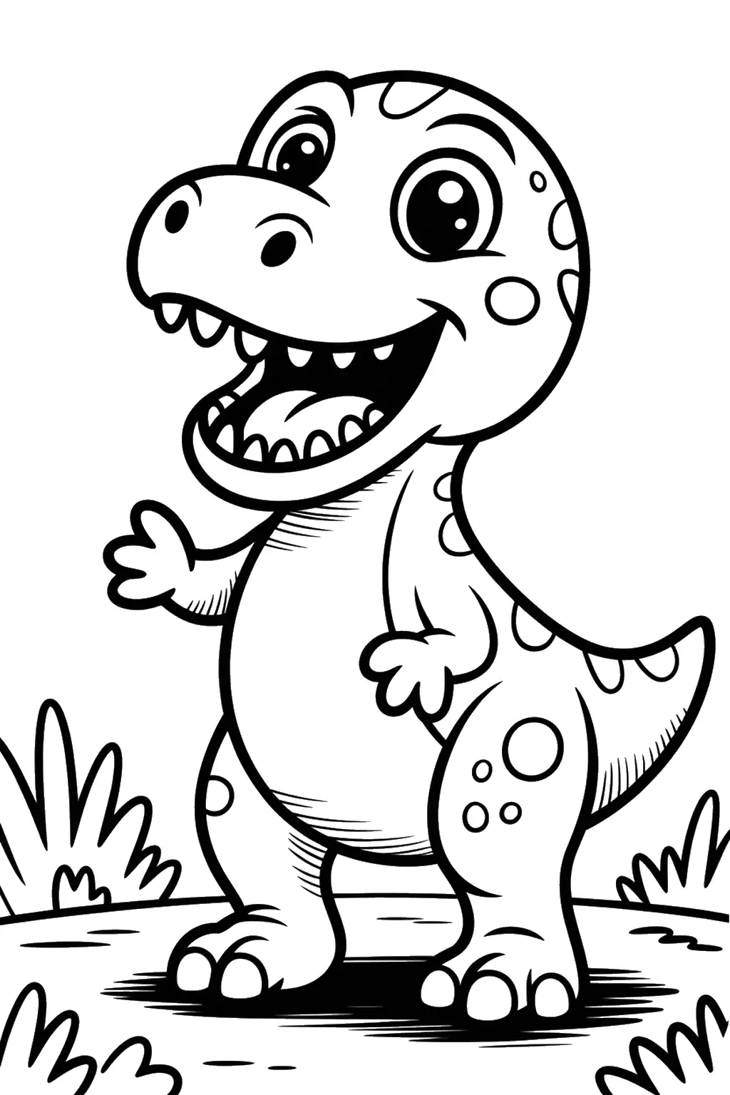 Fröhlicher T-Rex winkt mit der Pfote - Malvorlage zum Ausdrucken