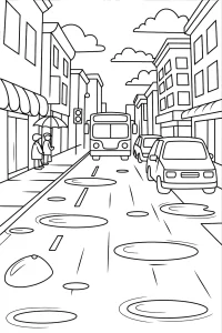 Rainy Street and Open Umbrella - Printable coloring page