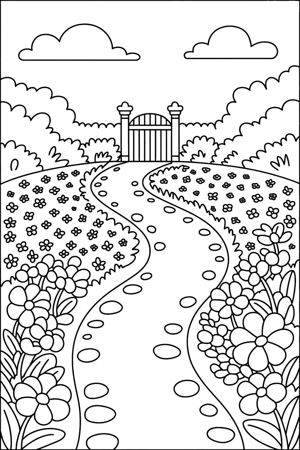 Stone Path Leading to Ornate Gate - Printable coloring page