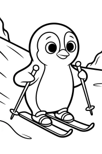 Pingouin sur skis en montagne - Coloriage à imprimer