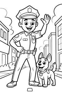 Policjant macha na miejskiej ulicy - Kolorowanka do druku