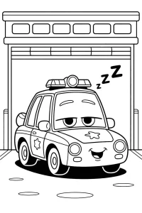 Schlafender Streifenwagen vor Garage - Ausmalbild zum Ausdrucken