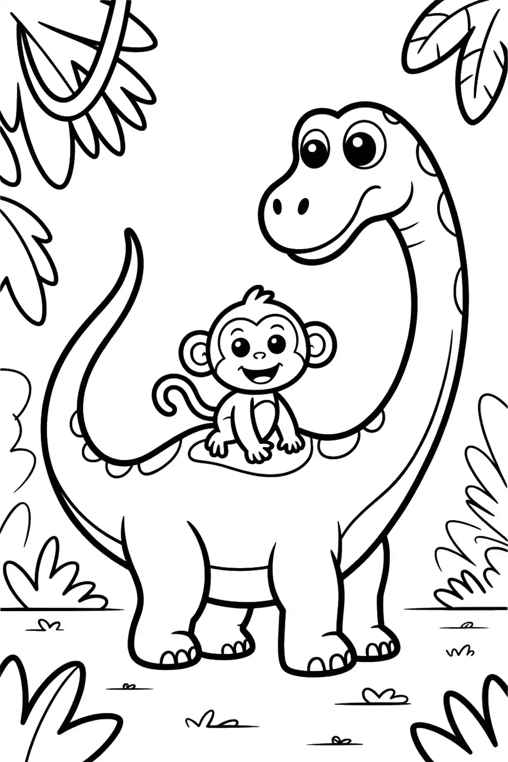 Uśmiechnięty dinozaur z małpką w liściach - Kolorowanka do druku