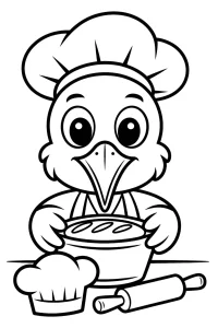 Storch mit Kochmütze und Schüssel - Ausmalbild zum Ausdrucken