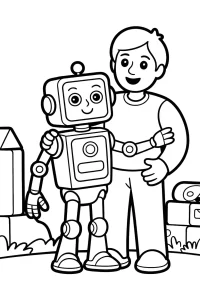 Niño abrazando a un robot en el césped - Dibujo para colorear para imprimir