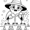 Czarodziej z różdżką i trzema żabami - Kolorowanka do druku