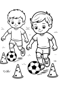 Dos niños esquivan conos de entrenamiento - Dibujo para colorear para imprimir