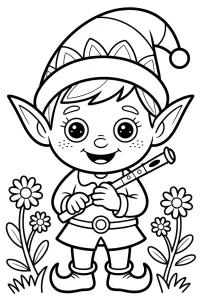 Lutin avec flûte de Pan parmi les fleurs - Coloriage à imprimer