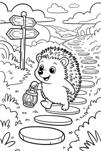 Hedgehog with Lantern on Path - Printable coloring page