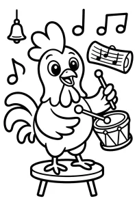 Rooster with Drumsticks and Drum Rooster with Drumsticks and Drum - Printable coloring page