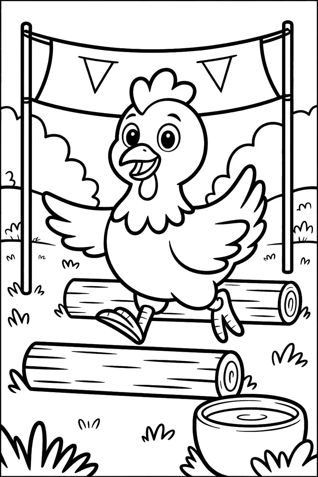 Chicken on a Beam with Flags - Printable coloring page