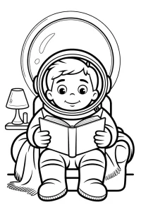 Mały astronauta czyta książkę w fotelu Mały astronauta czyta książkę w fotelu - Kolorowanka do druku