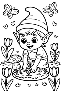 Petit elfe plante près d&rsquo;un champignon - Coloriage à imprimer