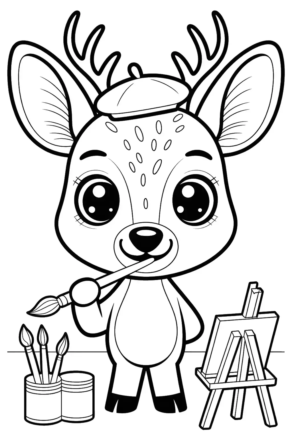 Petit cerf avec un béret de peintre - Coloriage à imprimer