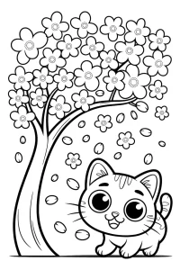 Petit chaton sous un arbre en fleurs - Coloriage à imprimer