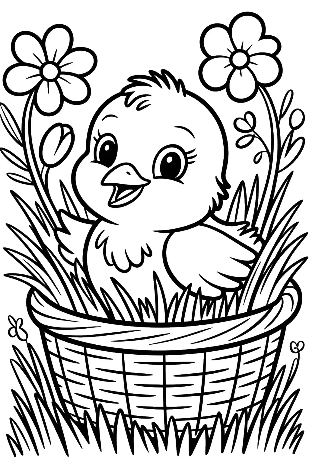 Pollito en cesta con flores - Dibujo para colorear para imprimir