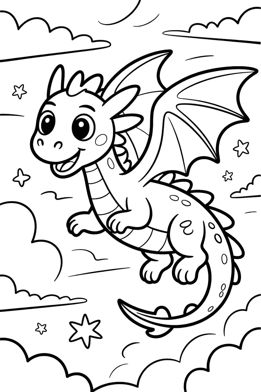 Petit dragon parmi les nuages et étoiles - Coloriage à imprimer