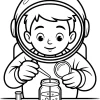 Młody astronauta z słoikiem na stole