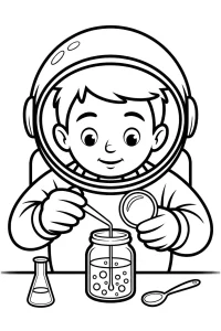 Joven astronauta con tarro en la mesa Joven astronauta con tarro en la mesa - Dibujo para colorear para imprimir