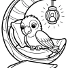 Loro en silla colgante con farolillo - Dibujo para colorear para imprimir
