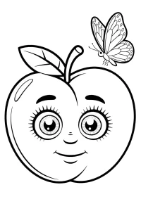Manzana sonriente con mariposa pequeña - Dibujo para colorear para imprimir