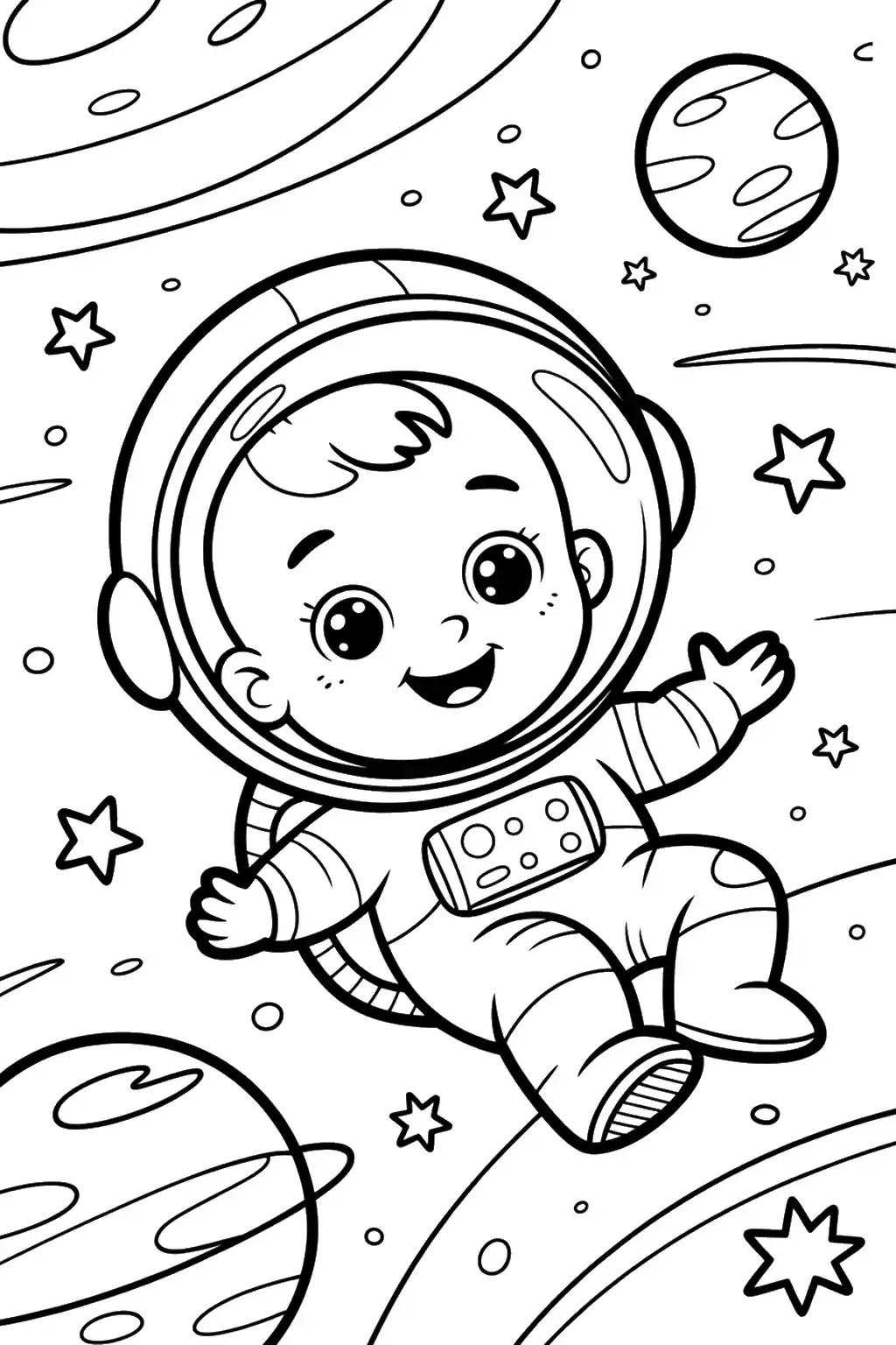 Astronauta sonriente entre planetas y estrellas - Dibujo para colorear para imprimir