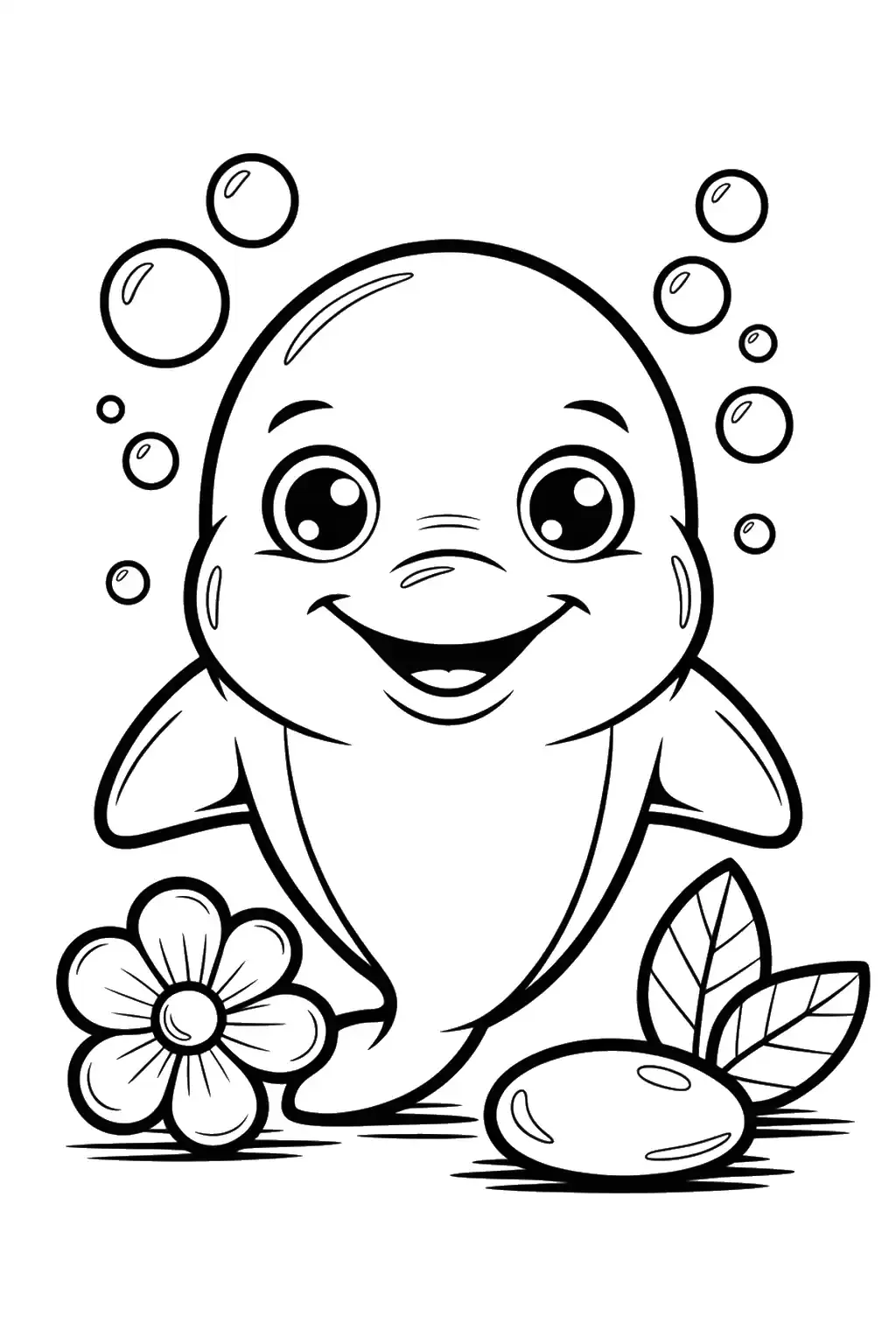 Dauphin souriant avec bulles et fleur - Coloriage à imprimer
